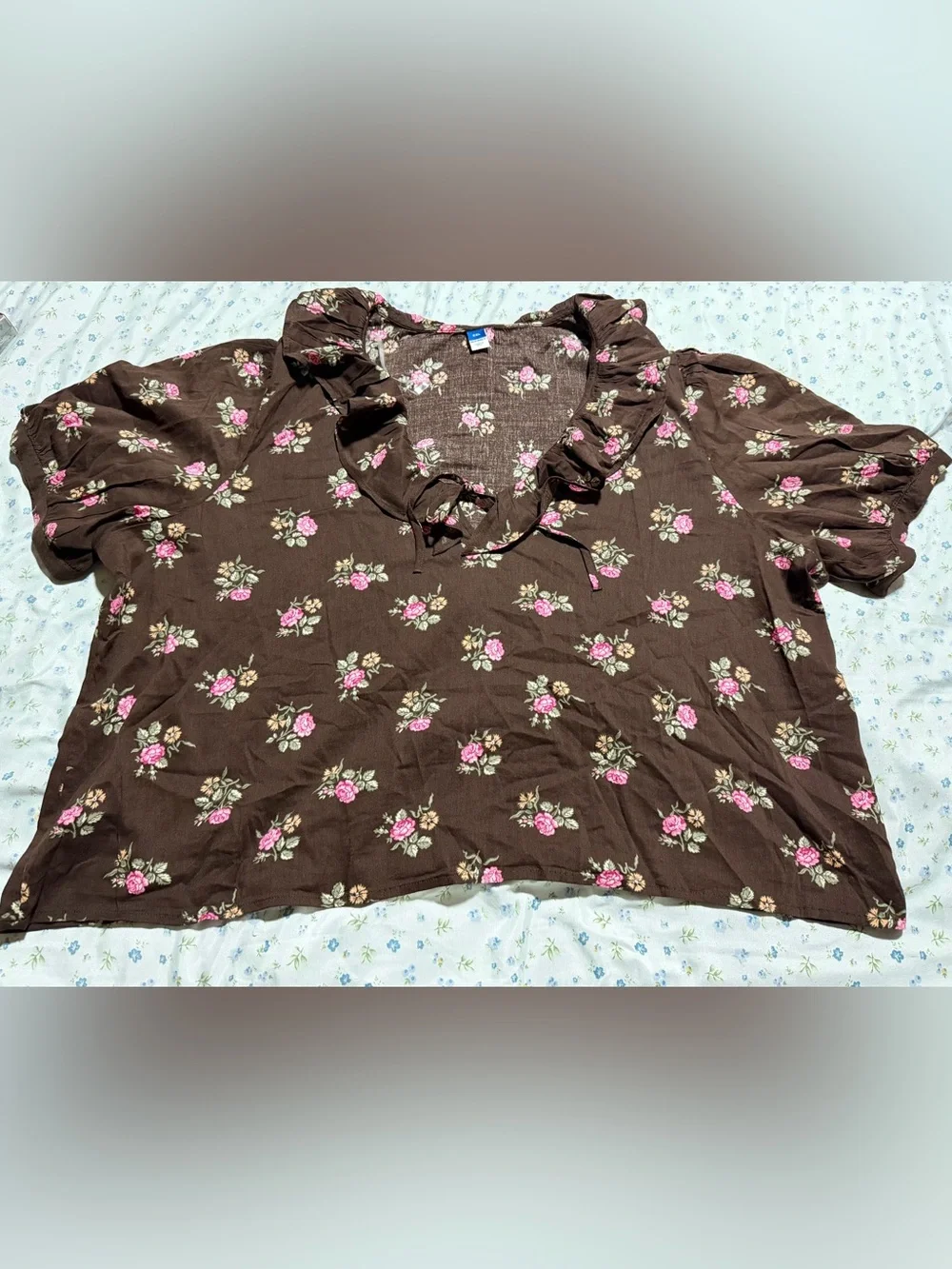 Old Navy Brown Floral Ruffle-Smock Blouse with Pink Rose Print
